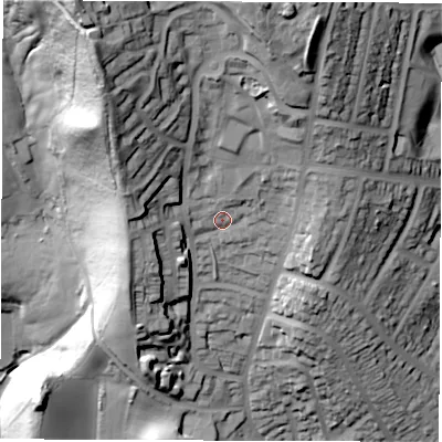 Shaded relief map of the ground around S61FS, computed from Environment Agency LiDAR. The ground here sits at about 154 m above sea level and falls 96 m across the surrounding 800 m. Surface water reaching this point runs off ground lying to the north-north-east, 32.0 m higher.