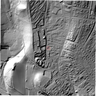 Shaded relief map of the ground around S61FT, computed from Environment Agency LiDAR. The ground here sits at about 142 m above sea level and falls 103 m across the surrounding 800 m. Surface water reaching this point runs off ground lying to the north-north-west, 45.8 m higher.
