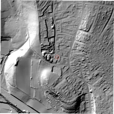 Shaded relief map of the ground around S61FU, computed from Environment Agency LiDAR. The ground here sits at about 136 m above sea level and falls 101 m across the surrounding 800 m. Surface water reaching this point runs off ground lying to the north-north-west, 35.1 m higher.