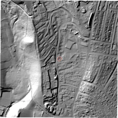 Shaded relief map of the ground around S61FW, computed from Environment Agency LiDAR. The ground here sits at about 157 m above sea level and falls 104 m across the surrounding 800 m. Surface water reaching this point runs off ground lying to the north-north-west, 49.6 m higher.