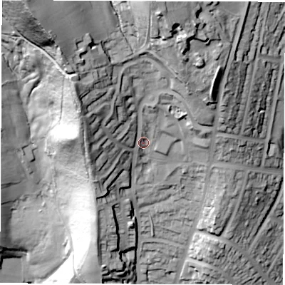 Shaded relief map of the ground around S61FY, computed from Environment Agency LiDAR. The ground here sits at about 166 m above sea level and falls 104 m across the surrounding 800 m. Surface water reaching this point runs off ground lying to the north-west, 51.1 m higher.