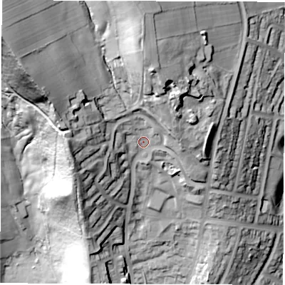 Shaded relief map of the ground around S61FZ, computed from Environment Agency LiDAR. The ground here sits at about 175 m above sea level and falls 90 m across the surrounding 800 m. Surface water reaching this point runs off ground lying to the north-west, 45.4 m higher.