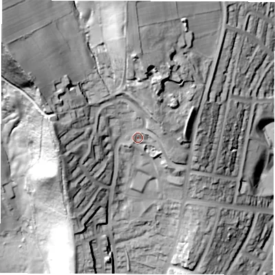 Shaded relief map of the ground around S61GA, computed from Environment Agency LiDAR. The ground here sits at about 173 m above sea level and falls 89 m across the surrounding 800 m. Surface water reaching this point runs off ground lying to the north, 32.6 m higher.