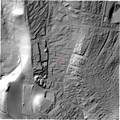 Shaded relief map of the ground around S61GD, computed from Environment Agency LiDAR. The ground here sits at about 144 m above sea level and falls 97 m across the surrounding 800 m. Surface water reaching this point runs off ground lying to the north-north-east, 13.5 m higher.