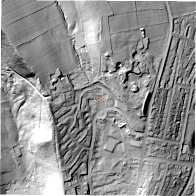 Shaded relief map of the ground around S61GF, computed from Environment Agency LiDAR. The ground here sits at about 177 m above sea level and falls 91 m across the surrounding 800 m. Surface water reaching this point runs off ground lying to the north-west, 45.0 m higher.