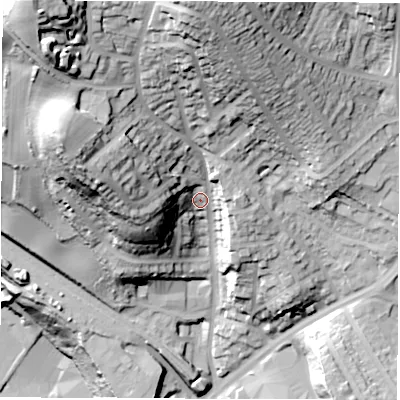 Shaded relief map of the ground around S61GG, computed from Environment Agency LiDAR. The ground here sits at about 105 m above sea level and falls 88 m across the surrounding 800 m. Surface water reaching this point runs off ground lying to the north-west, 50.7 m higher.