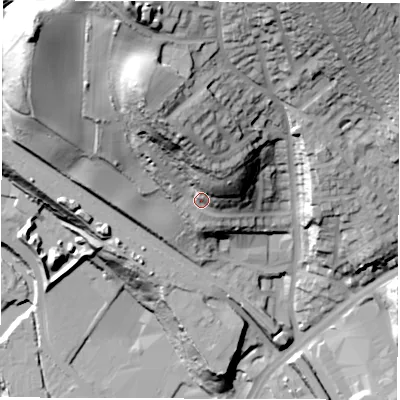 Shaded relief map of the ground around S61GH, computed from Environment Agency LiDAR. The ground here sits at about 106 m above sea level and falls 86 m across the surrounding 800 m. Surface water reaching this point runs off ground lying to the north-north-west, 30.2 m higher.