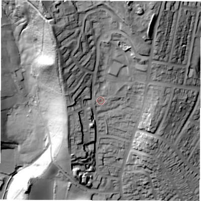 Shaded relief map of the ground around S61GL, computed from Environment Agency LiDAR. The ground here sits at about 156 m above sea level and falls 103 m across the surrounding 800 m. Surface water reaching this point runs off ground lying to the north-north-west, 48.0 m higher.