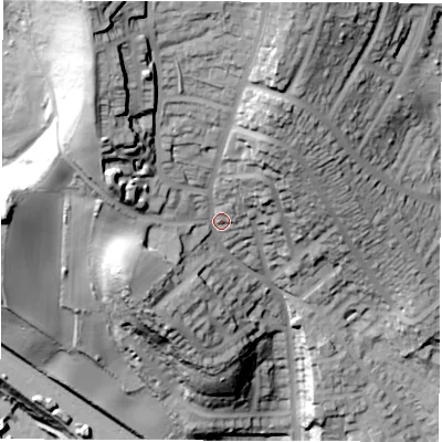 Shaded relief map of the ground around S61HE, computed from Environment Agency LiDAR. The ground here sits at about 129 m above sea level and falls 95 m across the surrounding 800 m. Surface water reaching this point runs off ground lying to the north-north-west, 43.8 m higher.