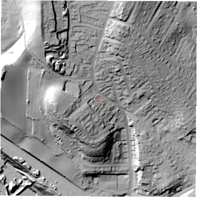 Shaded relief map of the ground around S61HF, computed from Environment Agency LiDAR. The ground here sits at about 123 m above sea level and falls 97 m across the surrounding 800 m. Surface water reaching this point runs off ground lying to the north-north-west, 43.5 m higher.