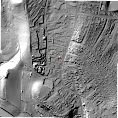 Shaded relief map of the ground around S61HG, computed from Environment Agency LiDAR. The ground here sits at about 137 m above sea level and falls 96 m across the surrounding 800 m. Surface water reaching this point runs off ground lying to the north, 9.3 m higher.
