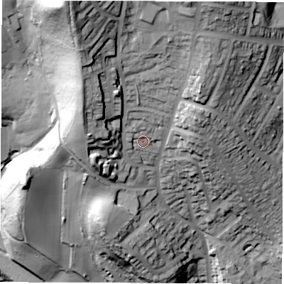 Shaded relief map of the ground around S61HL, computed from Environment Agency LiDAR. The ground here sits at about 138 m above sea level and falls 102 m across the surrounding 800 m. Surface water reaching this point runs off ground lying to the north-north-west, 45.6 m higher.