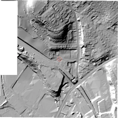 Shaded relief map of the ground around S61JF, computed from Environment Agency LiDAR. The ground here sits at about 89 m above sea level and falls 72 m across the surrounding 800 m. Surface water reaching this point runs off ground lying to the north-north-west, 13.6 m higher.