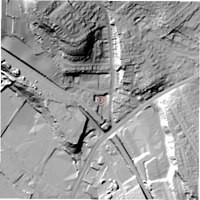 Shaded relief map of the ground around S61LG, computed from Environment Agency LiDAR. The ground here sits at about 85 m above sea level and falls 73 m across the surrounding 800 m. Surface water reaching this point runs off ground lying to the north-west, 4.7 m higher.