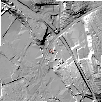 Shaded relief map of the ground around S61LP, computed from Environment Agency LiDAR. The ground here sits at about 73 m above sea level and falls 54 m across the surrounding 800 m. Surface water reaching this point runs off ground lying to the east, 43.6 m higher.