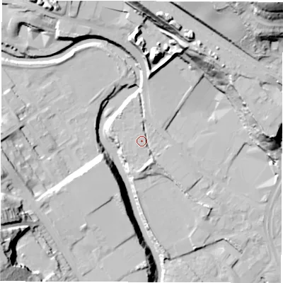 Shaded relief map of the ground around S61LZ, computed from Environment Agency LiDAR. The ground here sits at about 69 m above sea level and falls 56 m across the surrounding 800 m. Surface water reaching this point runs off ground lying to the north, 2.2 m higher.