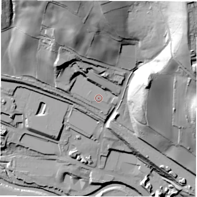 Shaded relief map of the ground around S61NJ, computed from Environment Agency LiDAR. The ground here sits at about 97 m above sea level and falls 99 m across the surrounding 800 m. The ground contributing surface water to this point lies to the north-west.