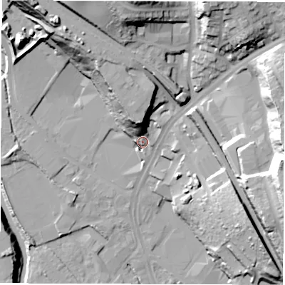 Shaded relief map of the ground around S61NR, computed from Environment Agency LiDAR. The ground here sits at about 73 m above sea level and falls 52 m across the surrounding 800 m. Surface water reaching this point runs off ground lying to the north, 36.4 m higher.