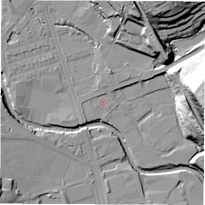 Shaded relief map of the ground around S61PD, computed from Environment Agency LiDAR. The ground here sits at about 62 m above sea level and falls 57 m across the surrounding 800 m. Surface water reaching this point runs off ground lying to the south-west, 1.5 m higher.