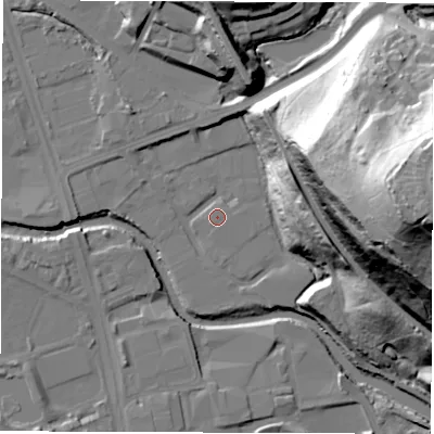 Shaded relief map of the ground around S61PG, computed from Environment Agency LiDAR. The ground here sits at about 61 m above sea level and falls 80 m across the surrounding 800 m. The ground contributing surface water to this point lies to the east.