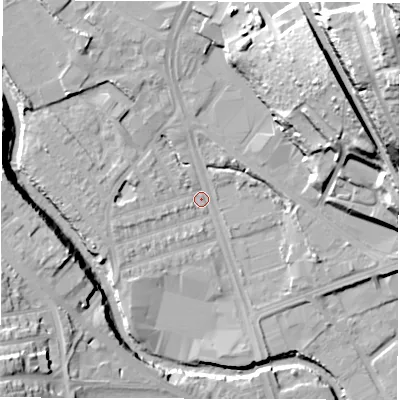 Shaded relief map of the ground around S61QA, computed from Environment Agency LiDAR. The ground here sits at about 63 m above sea level and falls 57 m across the surrounding 800 m. Surface water reaching this point runs off ground lying to the north-west, 7.2 m higher.