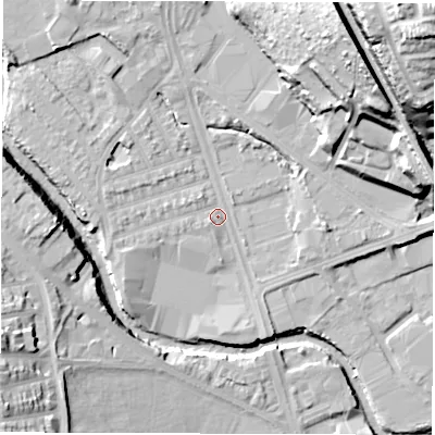 Shaded relief map of the ground around S61QB, computed from Environment Agency LiDAR. The ground here sits at about 63 m above sea level and falls 51 m across the surrounding 800 m. Surface water reaching this point runs off ground lying to the north-west, 6.8 m higher.
