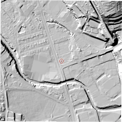 Shaded relief map of the ground around S61QE, computed from Environment Agency LiDAR. The ground here sits at about 62 m above sea level and falls 44 m across the surrounding 800 m. Surface water reaching this point runs off ground lying to the north-north-east, 35.4 m higher.