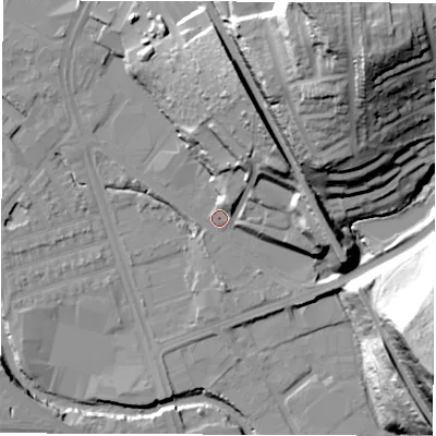 Shaded relief map of the ground around S61QW, computed from Environment Agency LiDAR. The ground here sits at about 65 m above sea level and falls 57 m across the surrounding 800 m. Surface water reaching this point runs off ground lying to the north, 28.5 m higher.