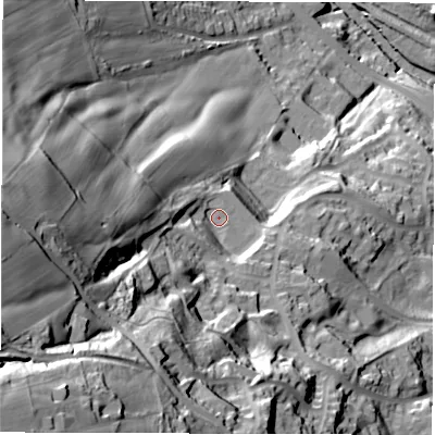 Shaded relief map of the ground around S61RF, computed from Environment Agency LiDAR. The ground here sits at about 113 m above sea level and falls 126 m across the surrounding 800 m. Surface water reaching this point runs off ground lying to the south-west, 82.6 m higher.