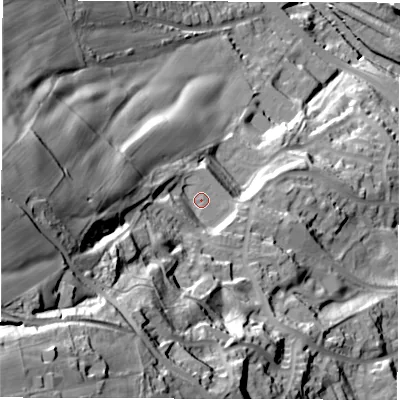 Shaded relief map of the ground around S61RN, computed from Environment Agency LiDAR. The ground here sits at about 114 m above sea level and falls 126 m across the surrounding 800 m. Surface water reaching this point runs off ground lying to the south-west, 82.1 m higher.