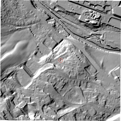 Shaded relief map of the ground around S61RX, computed from Environment Agency LiDAR. The ground here sits at about 95 m above sea level and falls 95 m across the surrounding 800 m. Surface water reaching this point runs off ground lying to the west-south-west, 16.6 m higher.