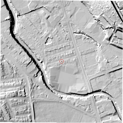 Shaded relief map of the ground around S61SA, computed from Environment Agency LiDAR. The ground here sits at about 63 m above sea level and falls 42 m across the surrounding 800 m. Surface water reaching this point runs off ground lying to the south-west, 1.9 m higher.