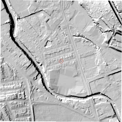 Shaded relief map of the ground around S61SB, computed from Environment Agency LiDAR. The ground here sits at about 63 m above sea level and falls 42 m across the surrounding 800 m. Surface water reaching this point runs off ground lying to the south-west, 1.9 m higher.