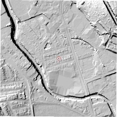 Shaded relief map of the ground around S61SD, computed from Environment Agency LiDAR. The ground here sits at about 63 m above sea level and falls 42 m across the surrounding 800 m. Surface water reaching this point runs off ground lying to the west, 2.0 m higher.
