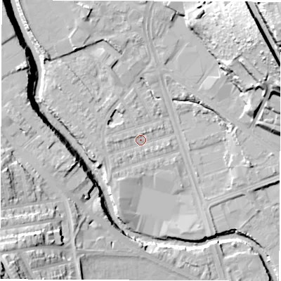 Shaded relief map of the ground around S61SE, computed from Environment Agency LiDAR. The ground here sits at about 63 m above sea level and falls 42 m across the surrounding 800 m. Surface water reaching this point runs off ground lying to the west, 2.0 m higher.