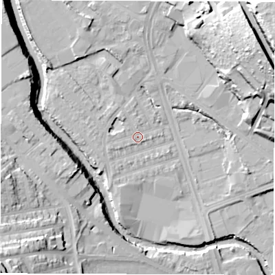 Shaded relief map of the ground around S61SF, computed from Environment Agency LiDAR. The ground here sits at about 64 m above sea level and falls 41 m across the surrounding 800 m. Surface water reaching this point runs off ground lying to the west, 2.1 m higher.