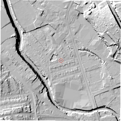 Shaded relief map of the ground around S61SG, computed from Environment Agency LiDAR. The ground here sits at about 64 m above sea level and falls 41 m across the surrounding 800 m. Surface water reaching this point runs off ground lying to the west, 2.1 m higher.