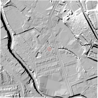 Shaded relief map of the ground around S61SH, computed from Environment Agency LiDAR. The ground here sits at about 64 m above sea level and falls 44 m across the surrounding 800 m. Surface water reaching this point runs off ground lying to the north-west, 8.3 m higher.