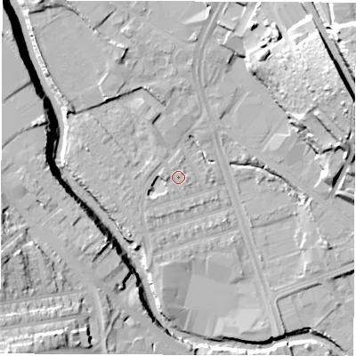 Shaded relief map of the ground around S61SJ, computed from Environment Agency LiDAR. The ground here sits at about 64 m above sea level and falls 41 m across the surrounding 800 m. Surface water reaching this point runs off ground lying to the west, 2.0 m higher.