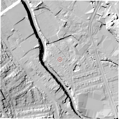 Shaded relief map of the ground around S61SL, computed from Environment Agency LiDAR. The ground here sits at about 66 m above sea level and falls 36 m across the surrounding 800 m. Surface water reaching this point runs off ground lying to the west-north-west, 1.2 m higher.