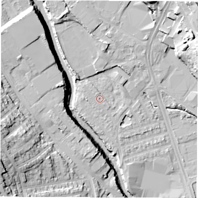 Shaded relief map of the ground around S61SN, computed from Environment Agency LiDAR. The ground here sits at about 66 m above sea level and falls 35 m across the surrounding 800 m. Surface water reaching this point runs off ground lying to the west, 1.0 m higher.
