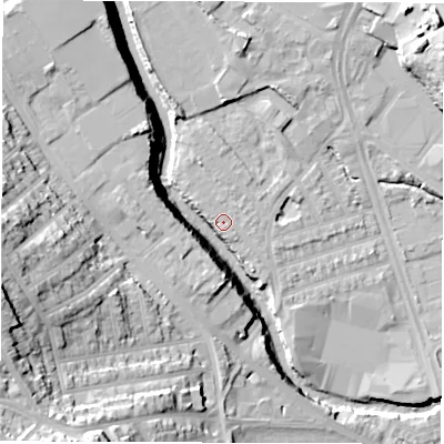 Shaded relief map of the ground around S61SP, computed from Environment Agency LiDAR. The ground here sits at about 65 m above sea level and falls 37 m across the surrounding 800 m. Surface water reaching this point runs off ground lying to the north-north-west, 1.9 m higher.