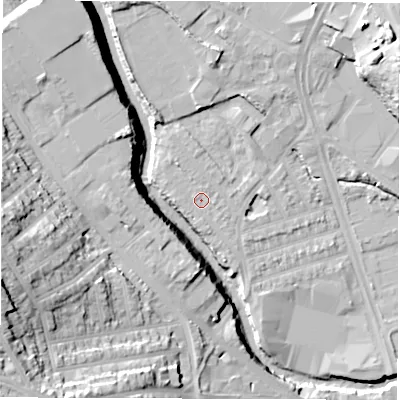 Shaded relief map of the ground around S61SQ, computed from Environment Agency LiDAR. The ground here sits at about 65 m above sea level and falls 37 m across the surrounding 800 m. Surface water reaching this point runs off ground lying to the north-north-west, 1.9 m higher.