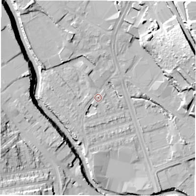 Shaded relief map of the ground around S61SS, computed from Environment Agency LiDAR. The ground here sits at about 64 m above sea level and falls 40 m across the surrounding 800 m. Surface water reaching this point runs off ground lying to the north-west, 8.0 m higher.