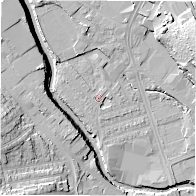 Shaded relief map of the ground around S61ST, computed from Environment Agency LiDAR. The ground here sits at about 65 m above sea level and falls 33 m across the surrounding 800 m. Surface water reaching this point runs off ground lying to the west-north-west, 1.8 m higher.