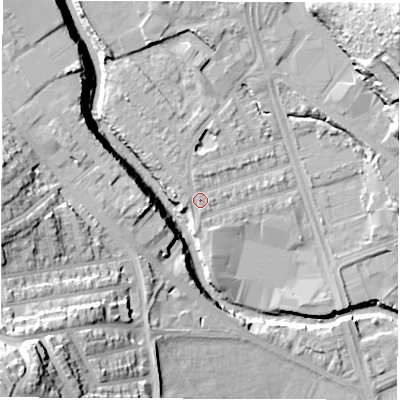 Shaded relief map of the ground around S61SU, computed from Environment Agency LiDAR. The ground here sits at about 64 m above sea level and falls 43 m across the surrounding 800 m. Surface water reaching this point runs off ground lying to the north-west, 2.7 m higher.