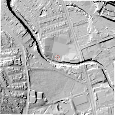Shaded relief map of the ground around S61SW, computed from Environment Agency LiDAR. The ground here sits at about 61 m above sea level and falls 36 m across the surrounding 800 m. Surface water reaching this point runs off ground lying to the west-north-west, 4.5 m higher.