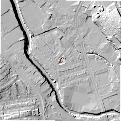 Shaded relief map of the ground around S61SY, computed from Environment Agency LiDAR. The ground here sits at about 63 m above sea level and falls 33 m across the surrounding 800 m. Surface water reaching this point runs off ground lying to the west-north-west, 1.8 m higher.