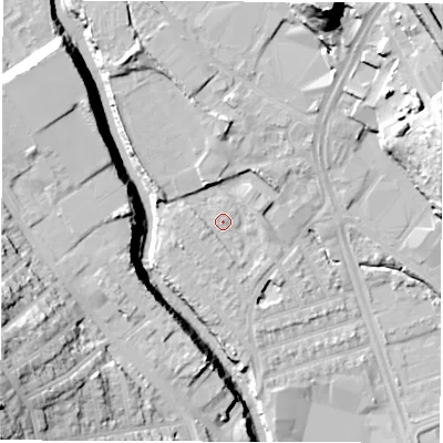 Shaded relief map of the ground around S61TR, computed from Environment Agency LiDAR. The ground here sits at about 65 m above sea level and falls 33 m across the surrounding 800 m. Surface water reaching this point runs off ground lying to the south-west, 2.4 m higher.