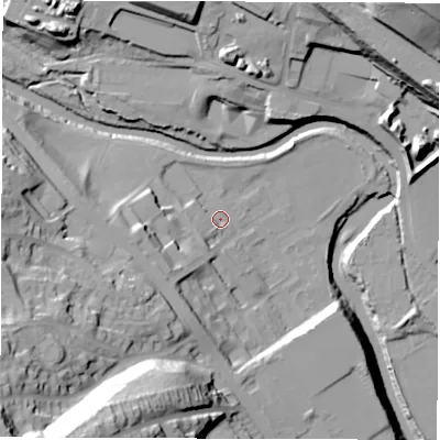 Shaded relief map of the ground around S61UF, computed from Environment Agency LiDAR. The ground here sits at about 71 m above sea level and falls 57 m across the surrounding 800 m. Surface water reaching this point runs off ground lying to the west-south-west, 12.6 m higher.